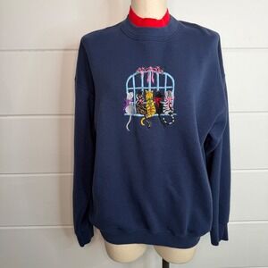 Vintage Embroidered Cat Crewneck Large Turtleneck Cats on Window y2k